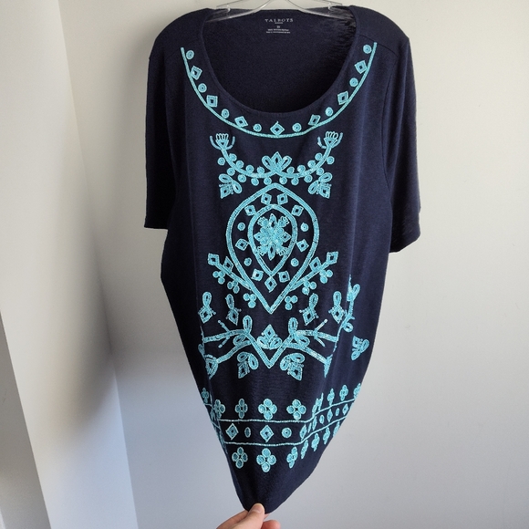 New Talbots Embellished Top cotton beaded navy blue turquoise tunic coastal 3X - Picture 13 of 16